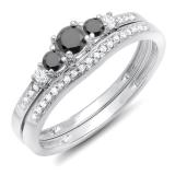 0.45 Carat (ctw) 18k White Gold Round Black And White Diamond Ladies 5 Stone Bridal Engagement Ring Matching Band Set