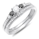 0.45 Carat (ctw) 10k White Gold Round Black And White Diamond Ladies 5 Stone Bridal Engagement Ring Matching Band Set