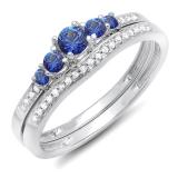 0.45 Carat (ctw) 14k White Gold Round Blue Sapphire And White Diamond Ladies 5 Stone Bridal Engagement Ring Matching Band Set