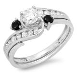 0.90 Carat (ctw) 14k White Gold Round Black And White Diamond Ladies Swirl Bridal Engagement Ring Matching Band Set