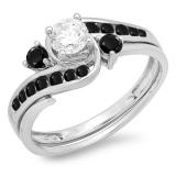 0.90 Carat (ctw) 18k White Gold Round Black And White Diamond Ladies Swirl Bridal Engagement Ring Matching Band Set