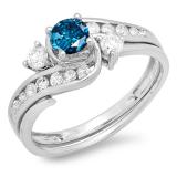0.90 Carat (ctw) 14k White Gold Round Blue And White Diamond Ladies Swirl Bridal Engagement Ring Matching Band Set