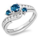 0.90 Carat (ctw) 10k White Gold Round Blue And White Diamond Ladies Swirl Bridal Engagement Ring Matching Band Set