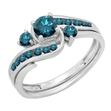 0.90 Carat (ctw) 10k White Gold Round Blue Diamond Ladies Swirl Bridal Engagement Ring Matching Band Set