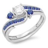0.90 Carat (ctw) 14k White Gold Round Blue Sapphire And White Diamond Ladies Swirl Bridal Engagement Ring Matching Band Set