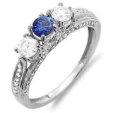 1.00 Carat (ctw) 10k White Gold Round White Diamond And Blue Sapphire Ladies Vintage Bridal 3 Stone Engagement Ring