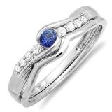 0.25 Carat (ctw) 10k White Gold Round Blue Sapphire And White Diamond Ladies Bridal Promise Engagement Wedding Set Ring with Matching Band 1/4 CT