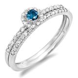 0.33 Carat (ctw) 14k White Gold Round Blue And White Diamond Ladies Halo Style Bridal Engagement Ring Matching Band Set 1/3 CT