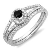 0.45 Carat (ctw) 14k White Gold Round Black And White Diamond Ladies Bridal Halo Style Engagement Ring With Wedding Band Set 1/2 CT