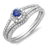0.45 Carat (ctw) 14k White Gold Round Blue Sapphire And White Diamond Ladies Bridal Halo Style Engagement Ring With Wedding Band Set 1/2 CT