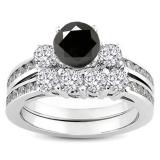 1.15 Carat (ctw) 14k White Gold Round Black & White Diamond Ladies Bridal Engagement Ring Matching Band Set