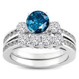 1.15 Carat (ctw) 10k White Gold Round Blue & White Diamond Ladies Bridal Engagement Ring Matching Band Set