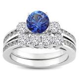 1.15 Carat (ctw) 14k White Gold Round Blue Sapphire & White Diamond Ladies Bridal Engagement Ring Matching Band Set