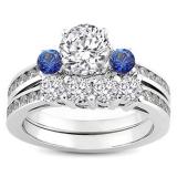 1.15 Carat (ctw) 14k White Gold Round Blue Sapphire & White Diamond Ladies Bridal Engagement Ring Matching Band Set