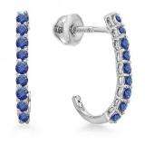 0.40 Carat (ctw) 18K White Gold Round Blue sapphire Ladies Fancy J Shaped Hoop Earrings