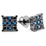 1.00 Carat (ctw) 18k White Gold Round Blue & Black Diamond Men's Square Shaped Stud Earrings 1 CT
