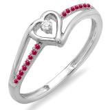 0.10 Carat (ctw) 14k White Gold Round Ruby And White Diamond Ladies Bridal Promise Heart Split Shank Engagement Ring 1/10 CT