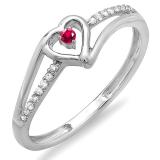 0.10 Carat (ctw) 18k White Gold Round Ruby And White Diamond Ladies Bridal Promise Heart Split Shank Engagement Ring 1/10 CT