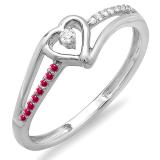 0.10 Carat (ctw) 14k White Gold Round Ruby And White Diamond Ladies Bridal Promise Heart Split Shank Engagement Ring 1/10 CT