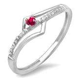 0.10 Carat (ctw) 10k White Gold Round Ruby And White Diamond Wave Ladies Bridal Promise Engagement Ring 1/5 CT