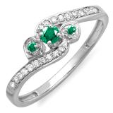 0.25 Carat (ctw) 10k White Gold Round Green Emerald And White Diamond Ladies Bridal Promise Heart 3 Stone Swirl Engagement Ring 1/4 CT