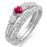 0.85 Carat (ctw) 10k White Gold Round Ruby And White Diamond 3 Stone Ladies Bridal Engagement Ring Wedding Band Set