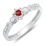 0.20 Carat (ctw) 10k White Gold Round Ruby And White Diamond 3 Stone Ladies Bridal Engagement Promise Ring 1/5 CT