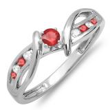 0.25 Carat (ctw) 10k White Gold Round Ruby And White Diamond Crossover Split Shank Ladies Bridal Promise Engagement Ring 1/4 CT