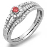 0.40 Carat (ctw) 10k White Gold Round Ruby And White Diamond Ladies Split Shank Halo Style Bridal Engagement Ring Matching Band Set