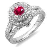 1.25 Carat (ctw) 10K White Gold Round Red Ruby and White Diamond Ladies Halo Style Split Shank Vintage Bridal Engagement Ring 1 1/4 CT