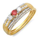 0.40 Carat (ctw) 14k Yellow Gold Round Ruby And White Diamond Ladies 3 Stone Bridal Ring Engagement Set