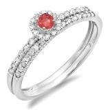 0.33 Carat (ctw) 14k White Gold Round Ruby And White Diamond Ladies Halo Style Bridal Engagement Ring Matching Band Set 1/3 CT