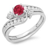 0.90 Carat (ctw) 10k White Gold Round Ruby And White Diamond Ladies Swirl Bridal Engagement Ring Matching Band Set