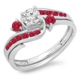 0.90 Carat (ctw) 18k White Gold Round Ruby And White Diamond Ladies Swirl Bridal Engagement Ring Matching Band Set