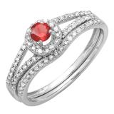 0.45 Carat (ctw) 14k White Gold Round Ruby And White Diamond Ladies Bridal Halo Style Engagement Ring With Wedding Band Set 1/2 CT