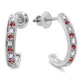 0.20 Carat (ctw) 10K White Gold Round White Diamond And Ruby Ladies Hoop Earrings 1/5 CT