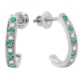 14K White Gold Round Emerald & White Diamond Ladies Hoop Earrings