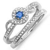 0.25 Carat (ctw) Sterling Silver Round White Diamond And Blue Sapphire Ladies Bridal Promise Ring Set Matching Band 1/4 CT