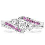 0.50 Carat (ctw) 10k White Gold Round Pink Sapphire & White Diamond Ladies Swirl Bridal Engagement Ring With Matching Band Set 1/2 CT