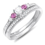 0.45 Carat (ctw) 14k White Gold Round Pink Sapphire And White Diamond Ladies 5 Stone Bridal Engagement Ring Matching Band Set 1/2 CT