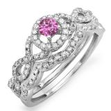 0.60 Carat (ctw) 10k White Gold Round Pink Sapphire & White Diamond Ladies Halo Style Bridal Engagement Ring Matching Band Set