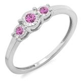 0.20 Carat (ctw) Sterling Silver Round Pink Sapphire Ladies 3 stone Engagement Promise Ring 1/5 CT