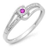 0.10 Carat (ctw) 14k White Gold Round White Diamond & Pink Sapphire Wave Ladies Bridal Promise Engagement Ring 1/5 CT