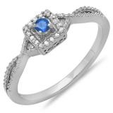 0.15 Carat (ctw) 10k White Gold Round Cut White Diamond & Blue Sapphire Ladies Crossover Split Shank Engagement Bridal Promise Ring