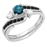 0.90 Carat (ctw) 18K White Gold Round Blue Black & White Diamond Ladies Swirl Bridal Engagement Ring Matching Band Set
