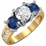 2.00 Carat (ctw) 10K Yellow Gold Round Blue Sapphire & White Diamond Ladies 3 Stone Engagement Bridal Ring 2 CT