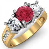 2.00 Carat (ctw) 10K Yellow Gold Round Red Ruby & White Diamond Ladies 3 Stone Engagement Bridal Ring 2 CT