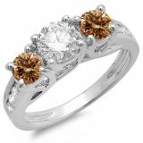 2.00 Carat (ctw) 14K White Gold Round Cut Champagne & White Diamond Ladies Bridal 3 Stone Engagement Ring 2 CT