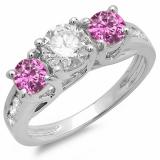 2.00 Carat (ctw) 14K White Gold Round Cut Pink Sapphire & White Diamond Ladies Bridal 3 Stone Engagement Ring 2 CT