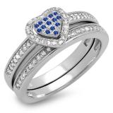 0.23 Carat (ctw) Sterling Silver Round Blue Sapphire & White Diamond Ladies Heart Shaped Bridal Engagement Ring With Matching Band Set 1/4 CT